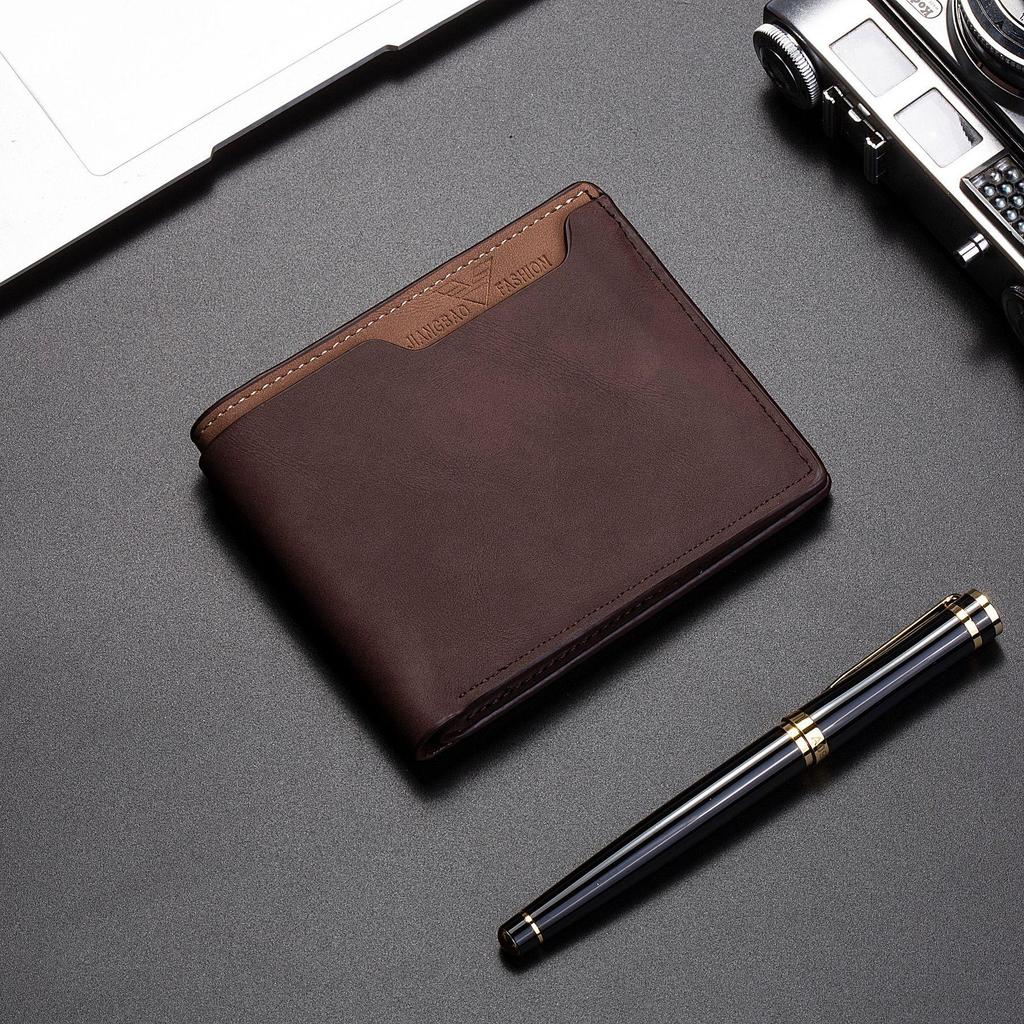 Pánská kožená peněženka přes hranice: Krátký styl s více přihrádkami na karty, mincovníkem a klipem na peníze pro obchodní použití.