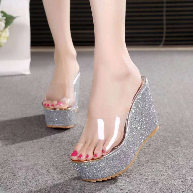2025 Summer Bow Korean Version of the New Super High Heel Wedge Thick Sole Inner Height Increase and Thin Hollow Fish Mouth Sandals Women