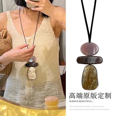 Leather Resin Smudge Oval Rectangle Necklace Vintage Maillard Sweater Chain Ethnic Style Versatile Necklace Women