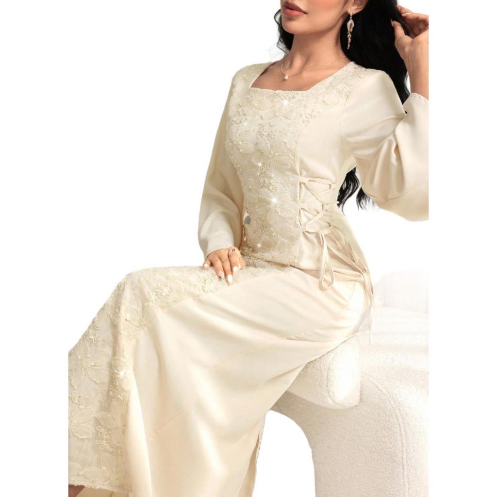 Women's Long Sleeve Embroidered Dress, Elegant Cinched Waist Slimming Long Maxi Dress, Sweet Fresh Evening Party Gown for Banquet