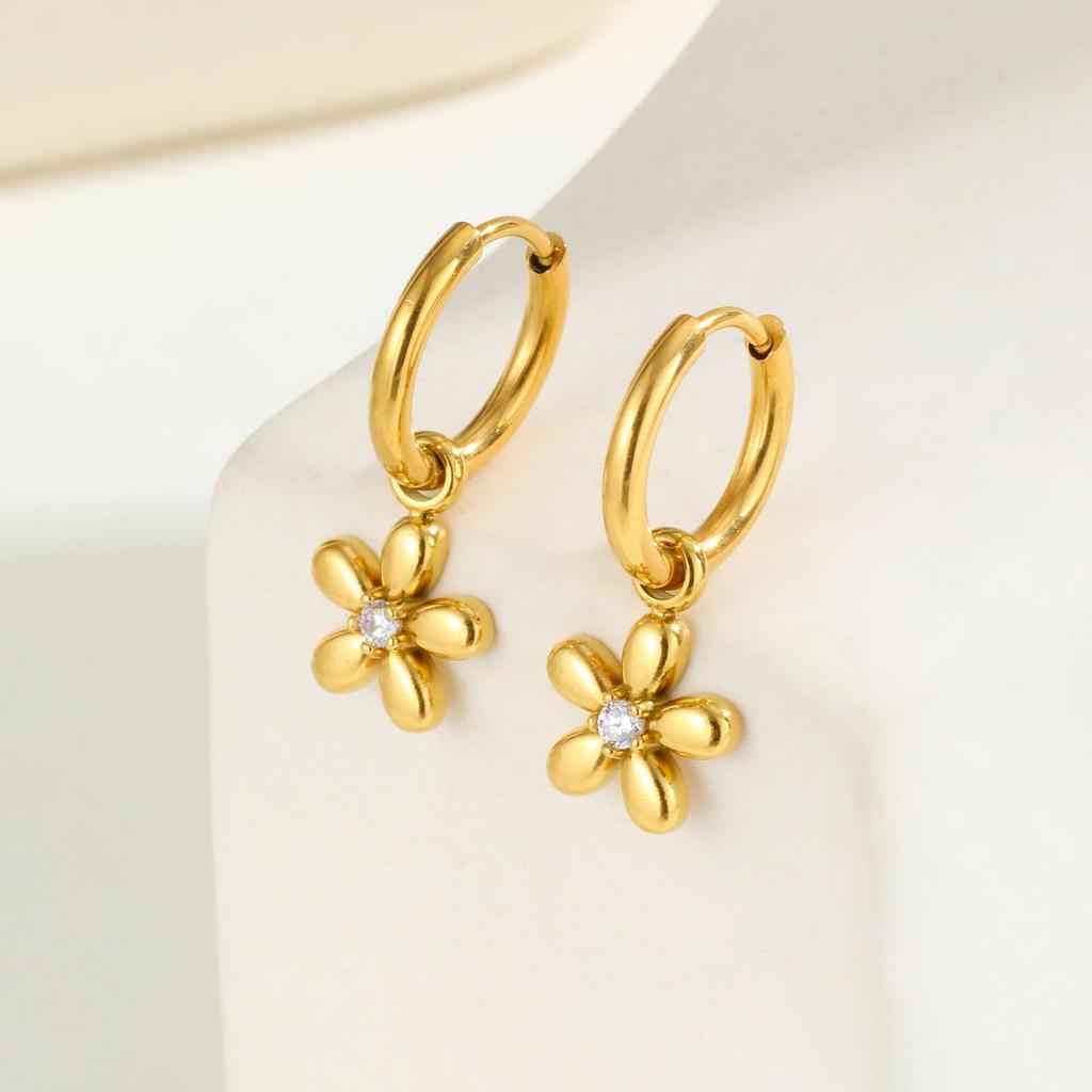 Chic Zircon Flower Hoop Earrings for Women,Gold Plated Stainless Steel Flower Dangle Earrings,Fashion Daily Jewelry Gift