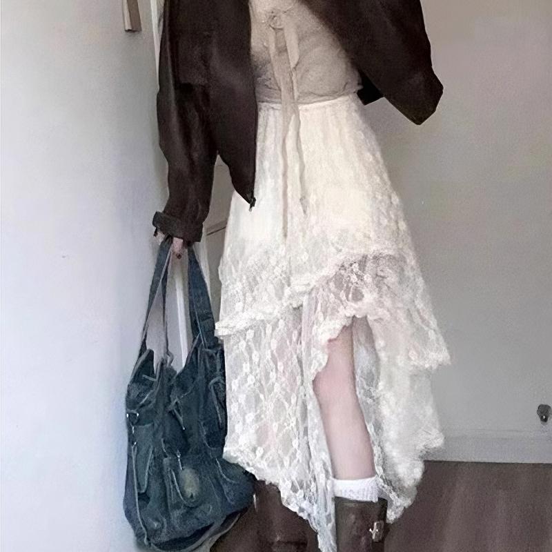 Lace Asymmetrical Skirt Fairycore Women Vintage Y2K Boho Aesthetic Fashion High Waist Mid Skirts Lady Holiday Outfits