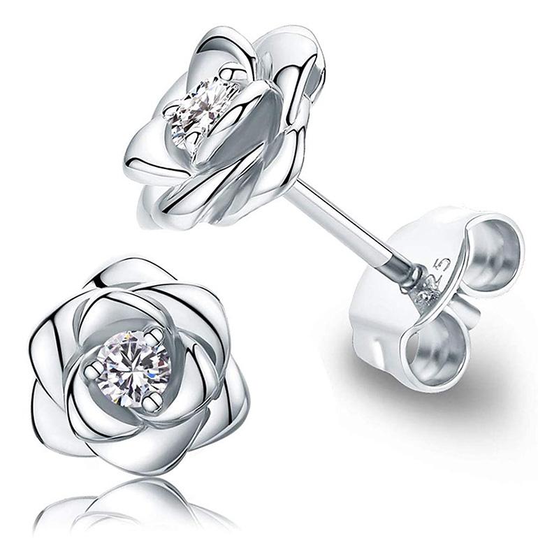 Romantic Women Jewelry 925 Sterling Silver Gold Plated Zircon Rose Flower Stud Earrings