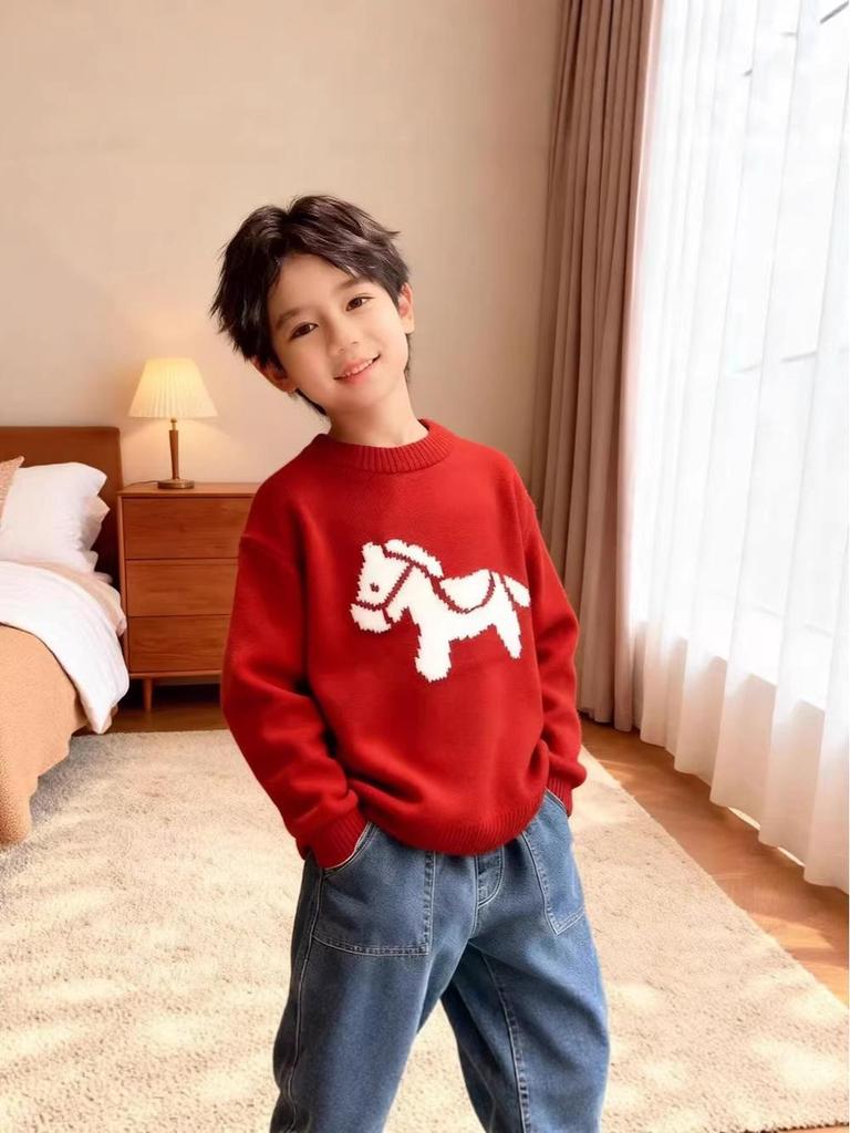 Trendy Cartoon Horse Jacquard Knitwear for Kids: 2026 Winter Parent-Child Sweater