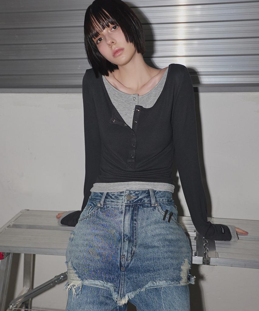 Lense Henley Neck Layered T-Shirt Charcoal