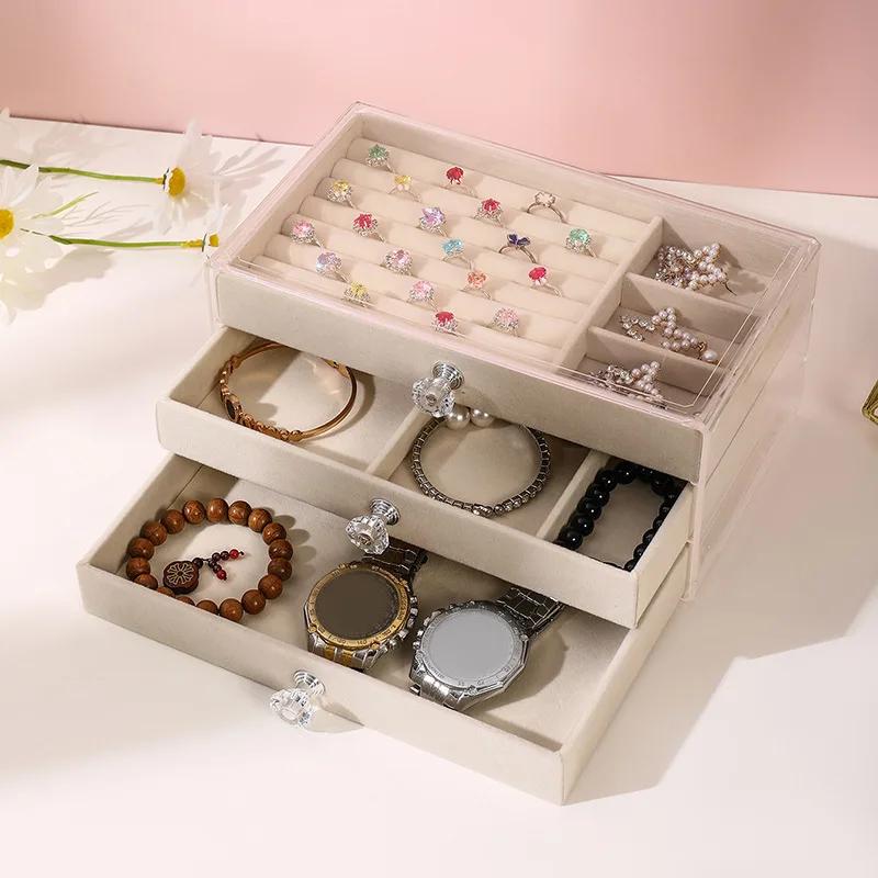 

Органайзер для ювелирных изделий, прозрачный витринный шкаф, 3 слоя, серьги, ожерелье, кольцо, пластиковые коробки, бархатный лоток для ювелирных изделий бежевый