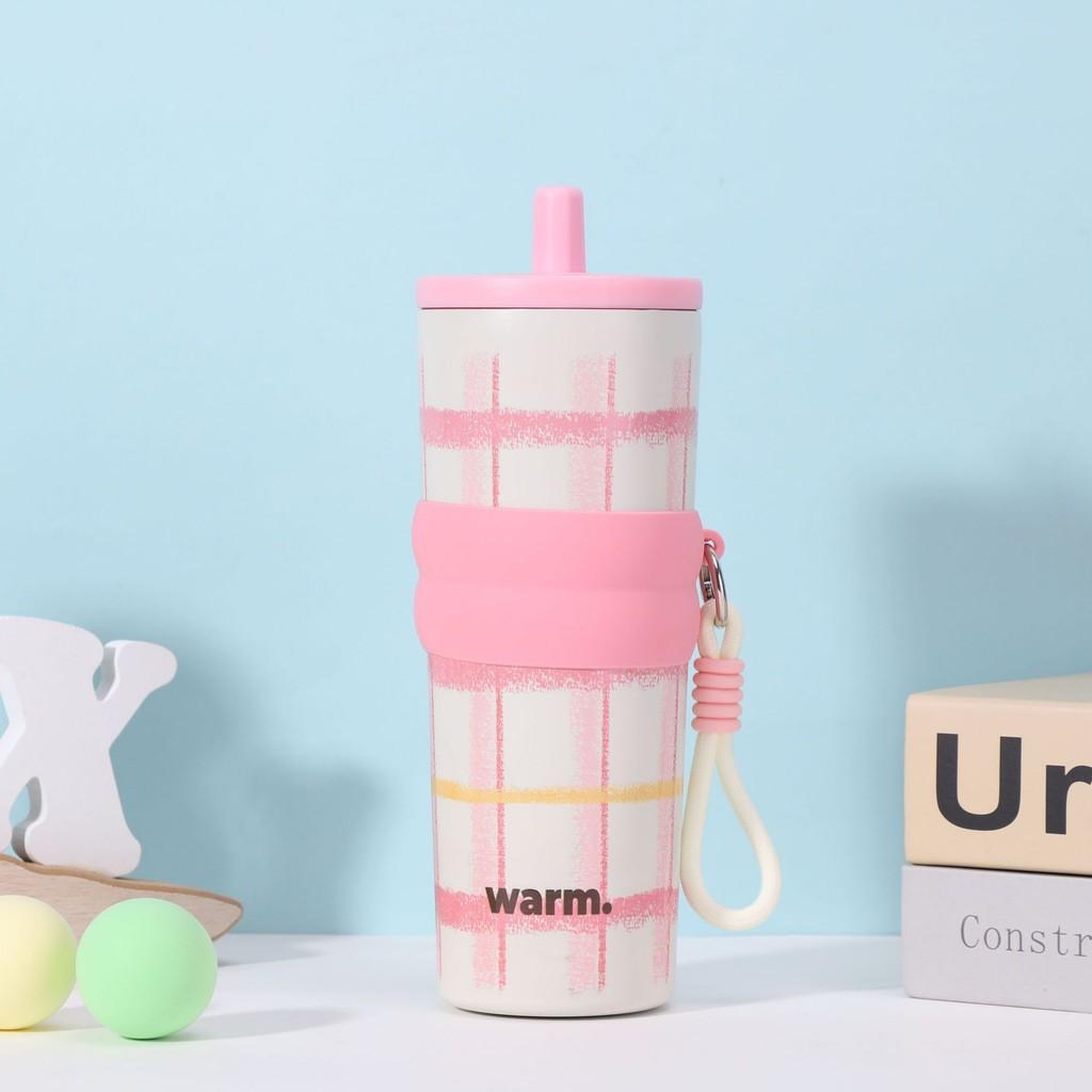 

Letter Plaid Print Large Capacity Stainless Steel Insulated Cup With Straw розовый