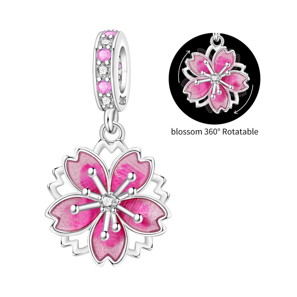 Panpoki Copper Rotating Cherry Blossom Flower Bead Genuine Pendant Bracelets Charms Jewellery Party DoItYourself Trendy Gifts