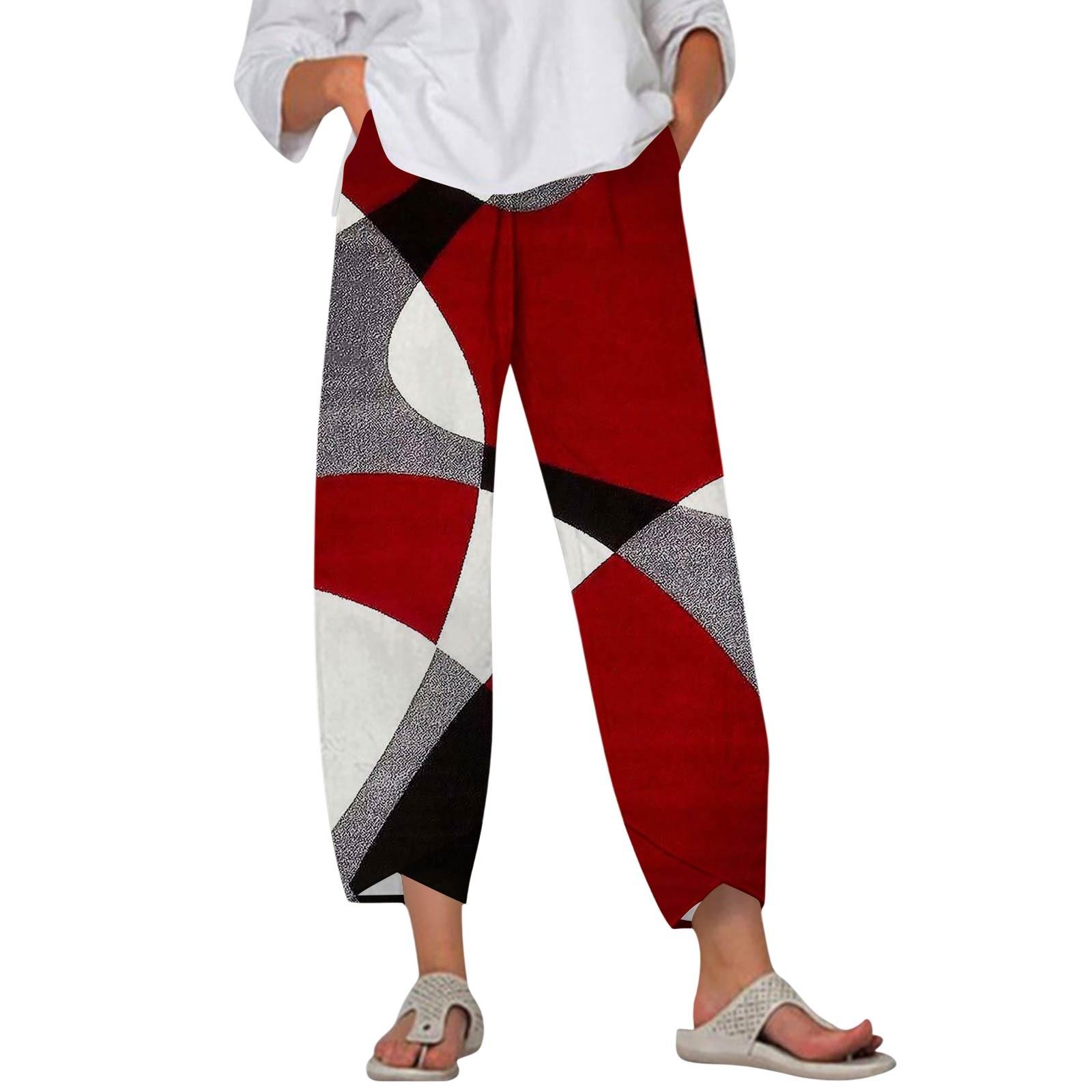 

Брюки женские летние повседневные широкие брюки с эластичной резинкой на талии и карманами L винный