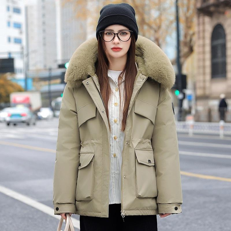 Women Short Medium Length Down Jacket Winter Warm Stand Collar Solid Color Casual Outerwear Coat