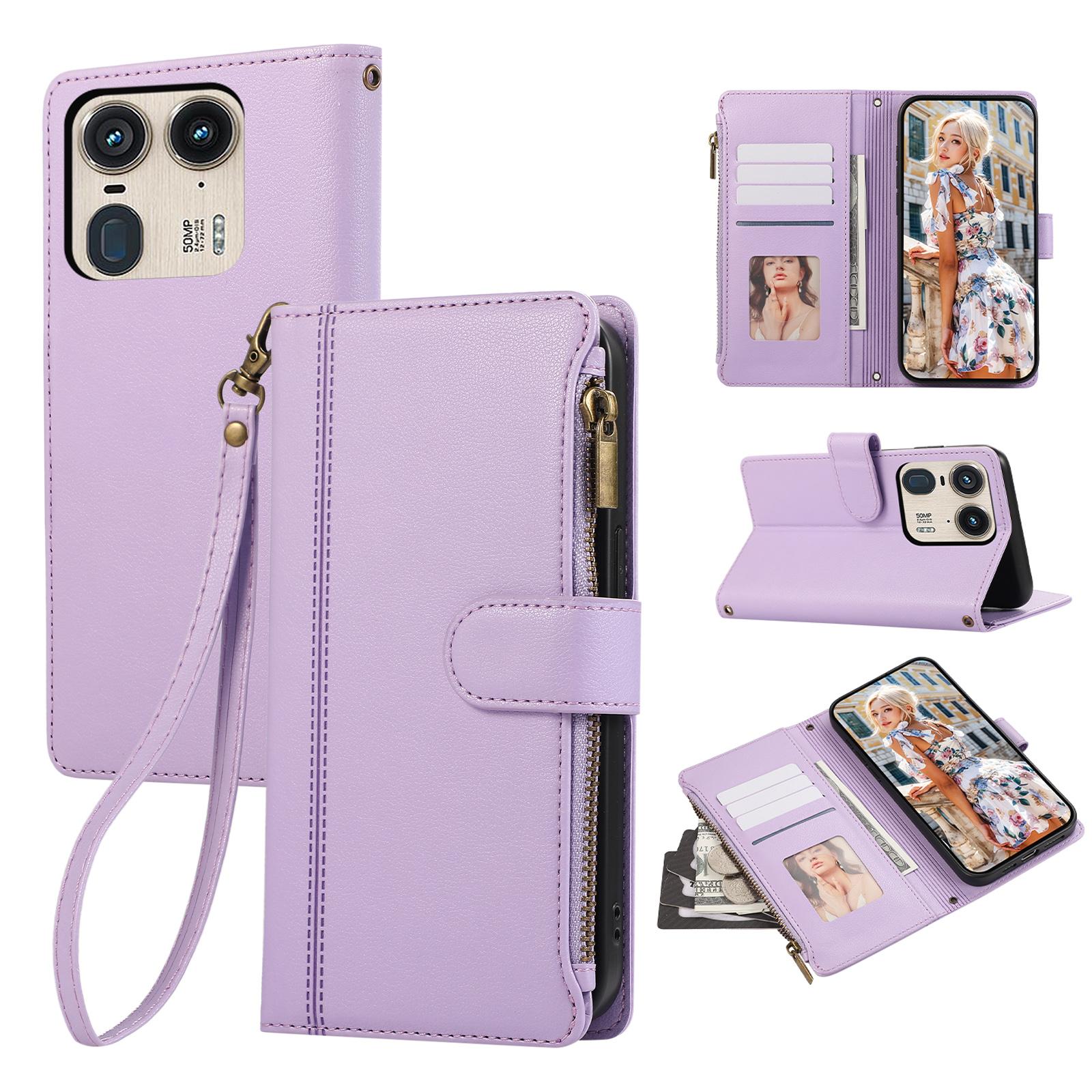 

For Motorola Edge 50 Ultra 5G Case Multi Card Slots Zipper Leather Phone Cover with Wrist Strap Purple