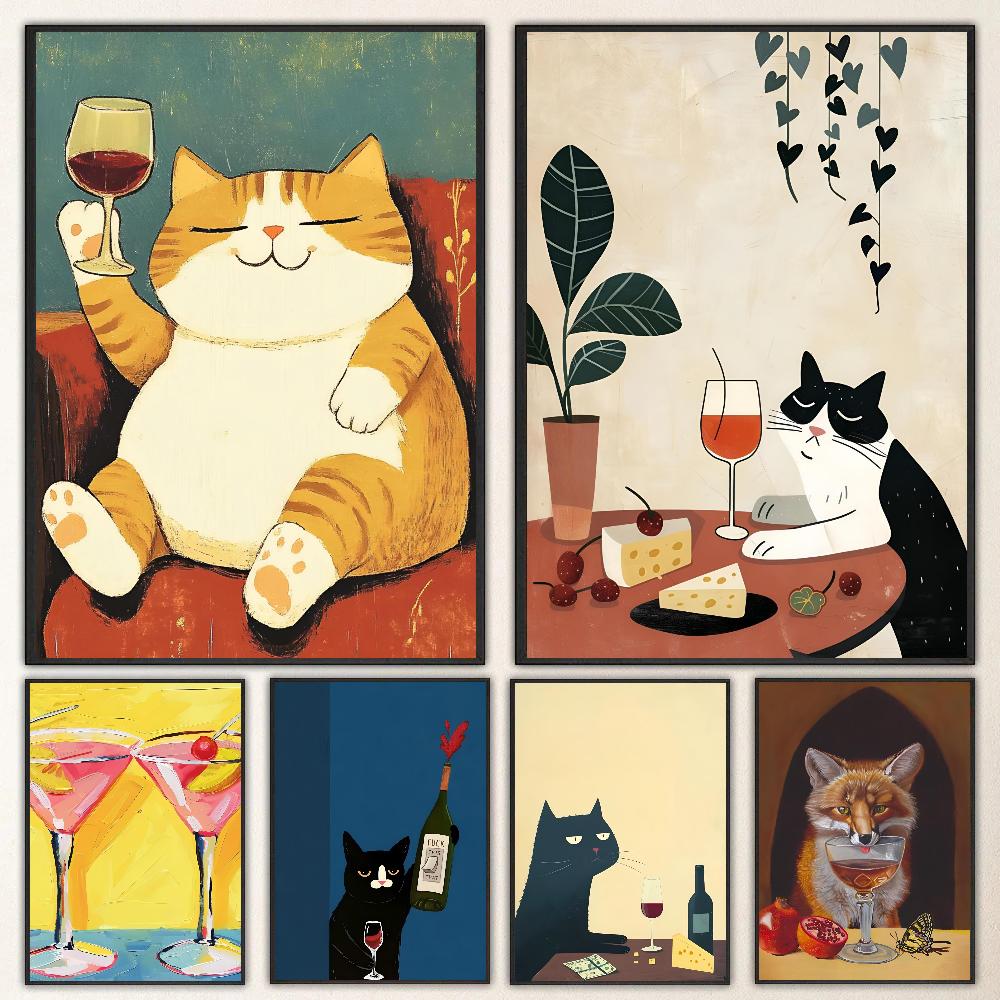 1ks Moderní Kočka Pije Víno Vtipné Zvíře Rostlina Plakát HD Plakáty Domácí Pokoj Bar Kavárna Dekorace Umění Nástěnná Malba Obrázek