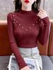 2026 Autumn Winter Women Mock Neck Pearl‑Decor Ribbed Knit Pullover Stylish Slim‑Fit Long‑Sleeve Inner Sweater Solid Top