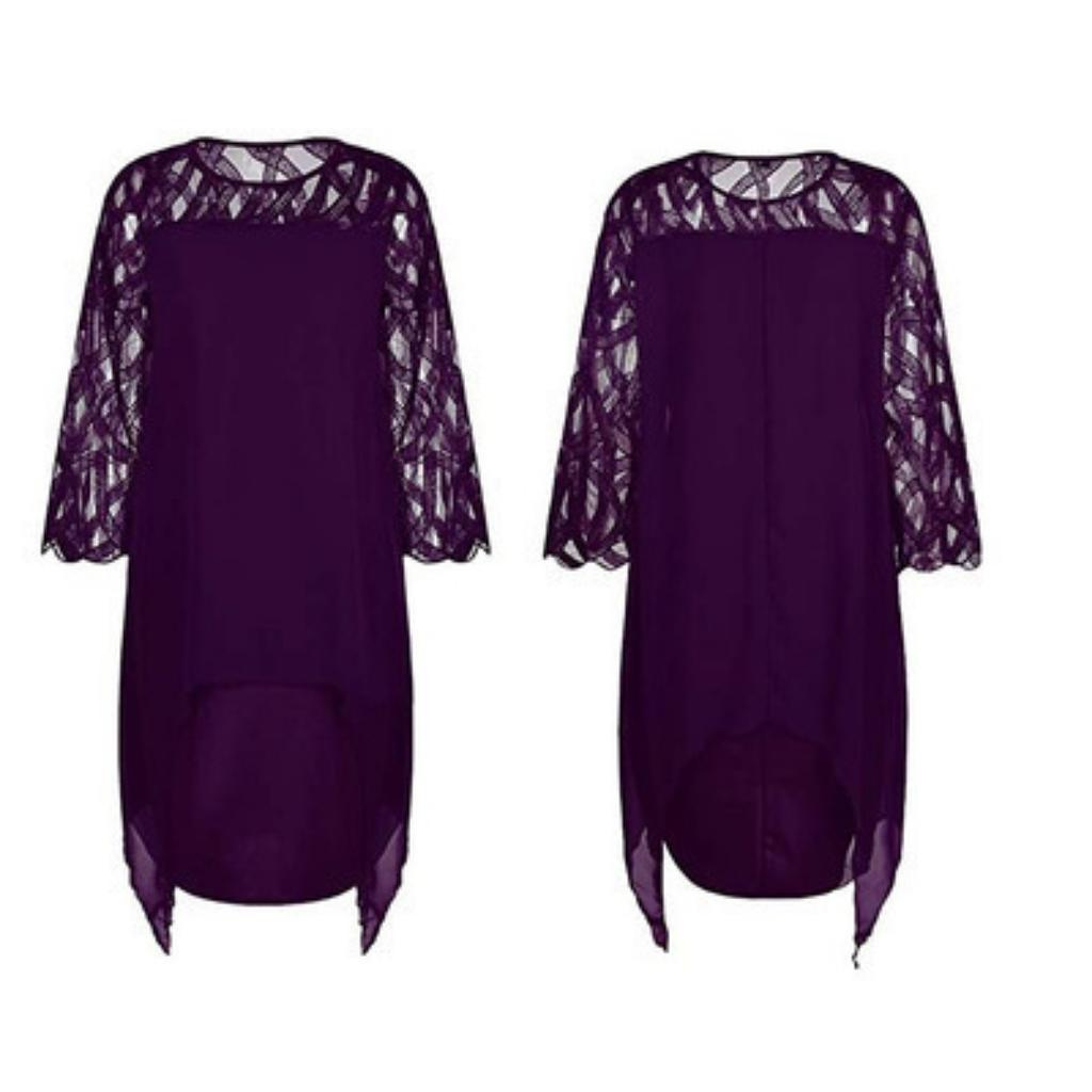 Abito da Donna in Chiffon con Inserti in Pizzo, Orlo Irregolare, Manica 3/4, Abito Casual da Donna