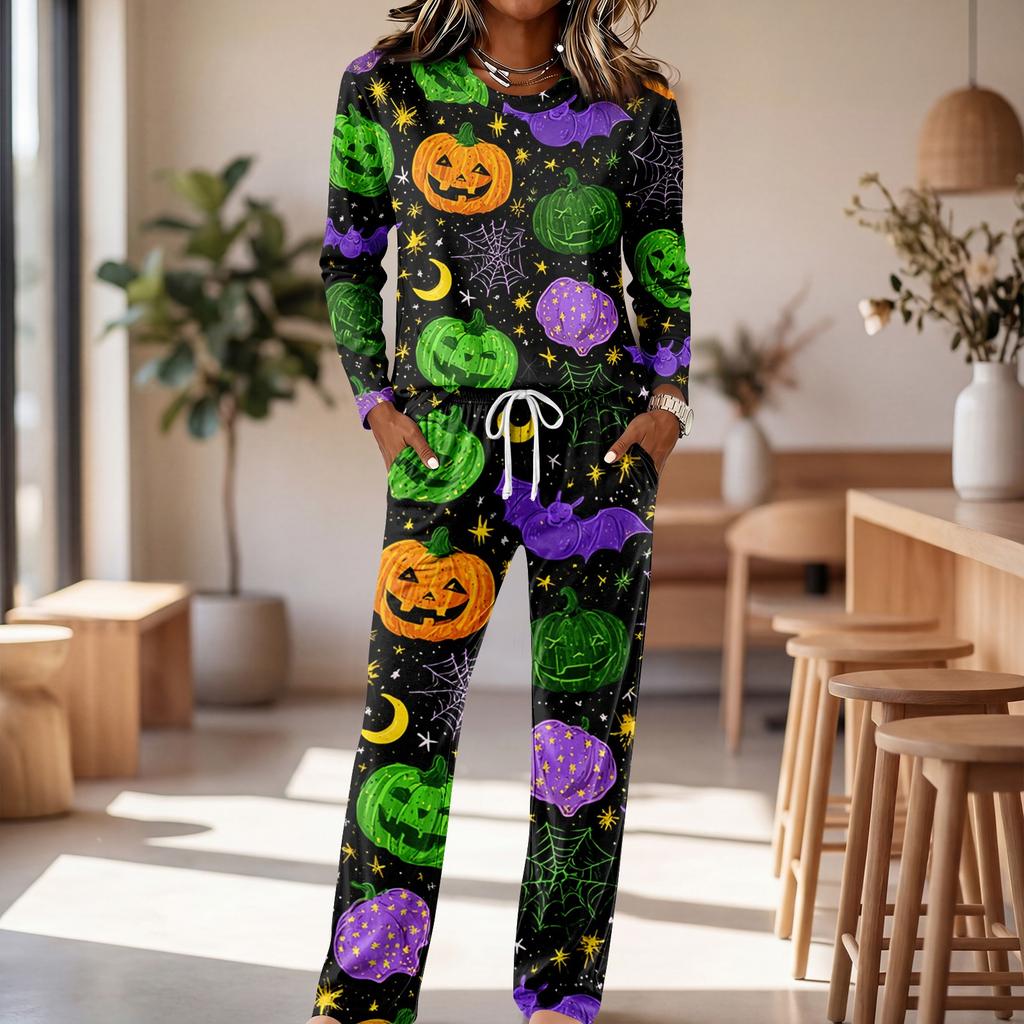 Women's Round Neck Long Sleeve Drawstring Wide Leg Pajama Set for Casual Loungewear