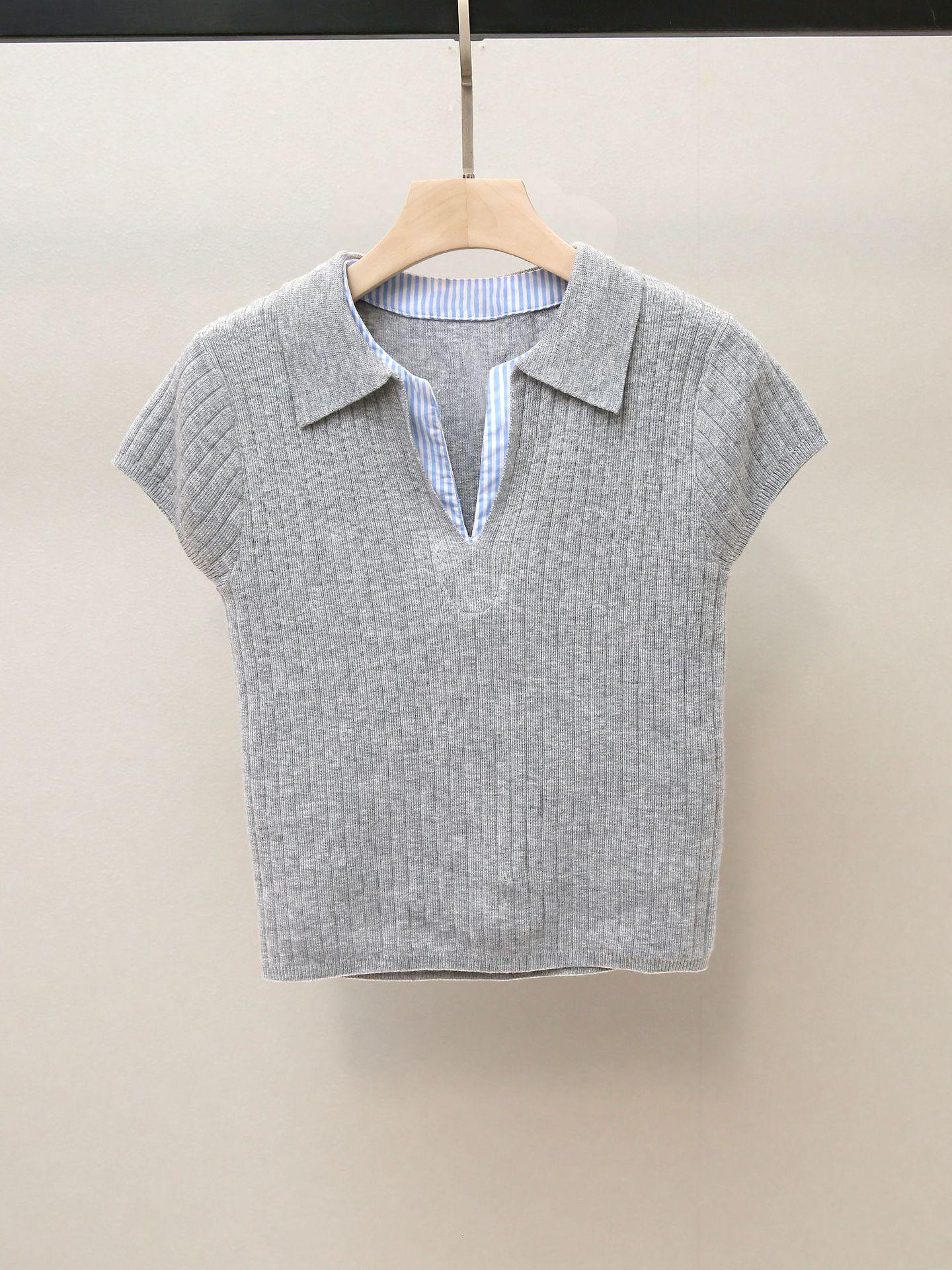 

Nanyou Women s Minimalist Turn-Down Collar Short-Sleeve Knitted Sweater - Autumn New Arrival, Versatile Fake Two-Piece Style Large