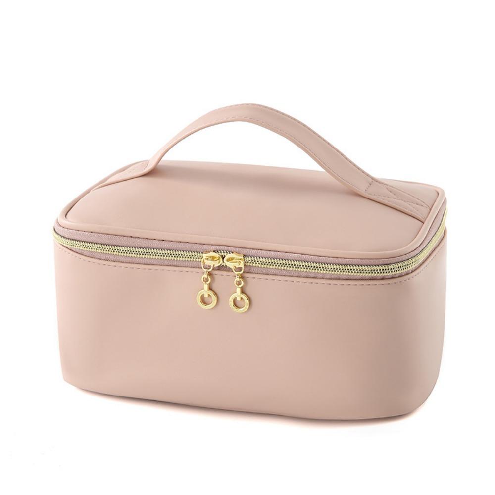 

Portable Large Capacity PU Makeup Bag PU Handheld Cosmetic Bag Waterproof With Handle Divider Women Toiletry Bag Women розовый