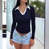 Casual Vacation Stitching Long-sleeved Solid Color Top T-shirt Women's 2026 Autumn and Winter