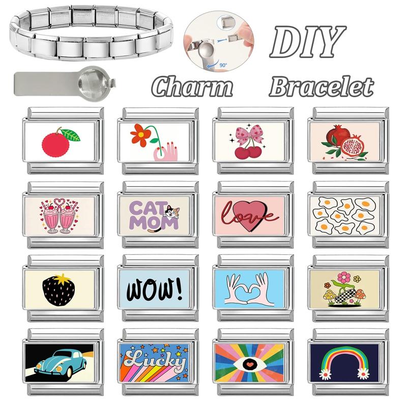 New Lucky Bow Cherry Heart Flowers Eyes Rainbow Strawberry Italian Charm Links Fit 9MM Stainless Steel Bracelet DIY Making Gift