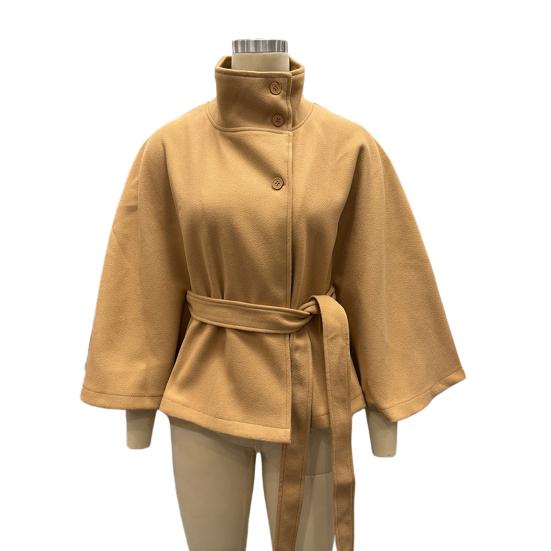 Women's Batwing Sleeve Wool Poncho Coat Stand Collar Cropped Cape Jacket with Belt Fall Winter Short Trench Pea Coat