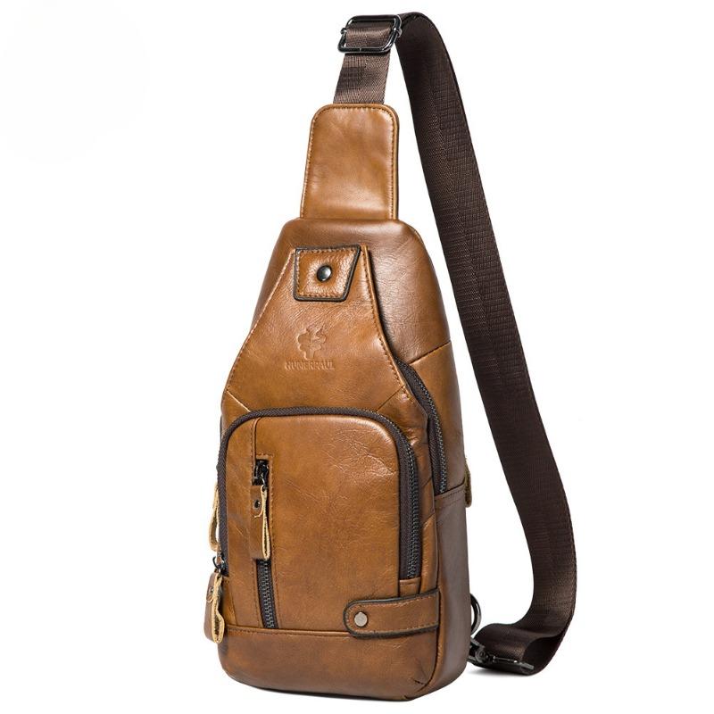 First Layer Cowhide Men's Soft Leather Chest Bag Leather Outdoor Flat Plate with Line Crossbody Bag Large Capacity Bag