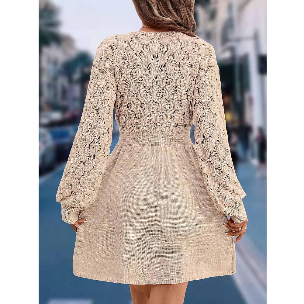 LYRIA Women Autumn Winter Sweater Dresses V-neck 3D Crochet Knitted Long Pullovers Sweaters Dress