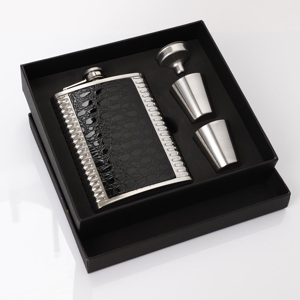 

8 oz Double-Wall Stainless Steel Hip Flask Set with Elegant Wine Cups & Funnel Black Leather