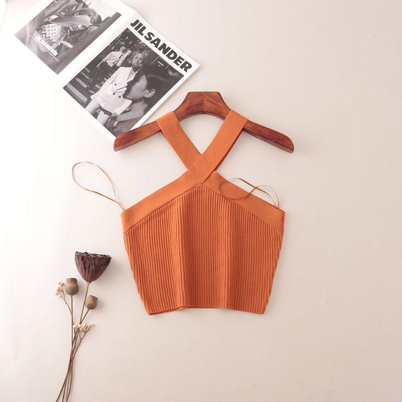 American Fashion Brand Cross Hanging Neck Cami Summer Rib Solid Sexy Short Knitted Top Women
