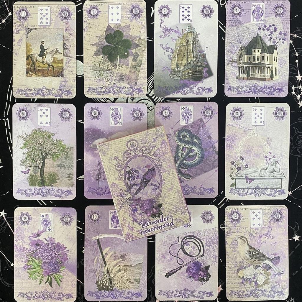 Levandulový Lenormandský balíček - 36 karet s vintage botanickými ilustracemi, 9*6cm Shabby Chic Fialová Estetika Alternativa k Tarotu