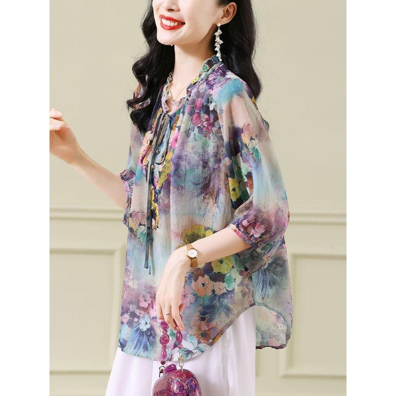 Elegant Vintage Loose Floral Chiffon Blouse for Women, Perfect Summer Top for Moms
