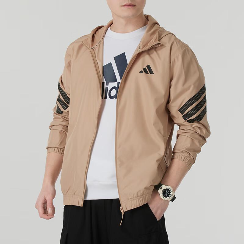 adidas Športový lifestylový značkový logotyp Módna vonkajšia vetruvzdorná ležérna bunda s kapucňou Pánska bunda Hnedá JM6751