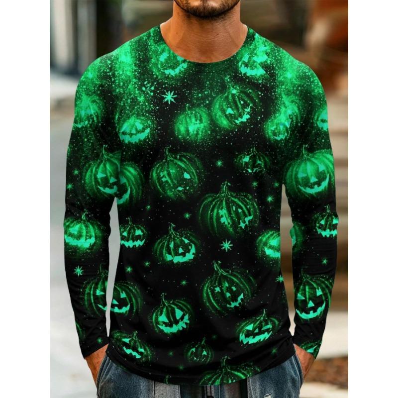 Men Long Sleeve T‑Shirt Purple Halloween Night Black Cat Pumpkin Bat Moon Print Crew Neck Casual Tops