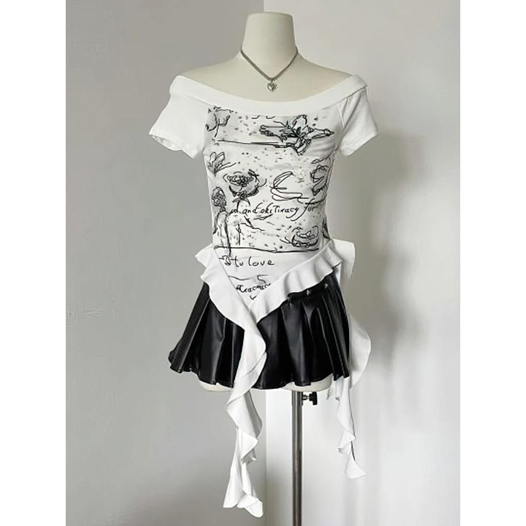 KOSY Y2k Print Vintage Off Shoulder Short Sleeve T Shirt Women Hip Hop Basic Summer Crop Tops Streetwear Lady Tees Korean