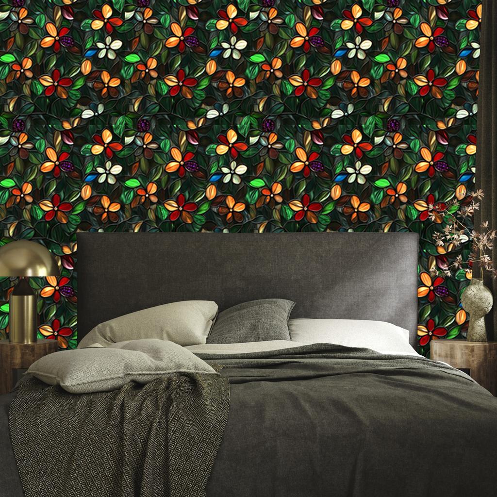 Stained Glass Flowers Wallpaper Bottle Green and Black 50x1000