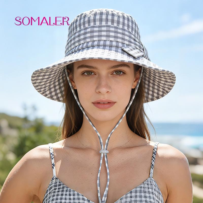 SOMALER Women's Summer Plaid Sun Hat Cotton Beach UV Protection Bucket Hat