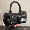 New Women's Bag Fashion Niche Oil Wax Leather Bowling Bag Multi-pocket Underarm Bag Commuter Tote Bag Shoulder Bag