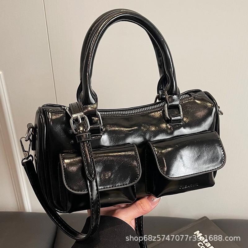 New women's bag fashion niche oil wax leather bowling bag multi-pocket underarm bag commuter tote bag shoulder bag