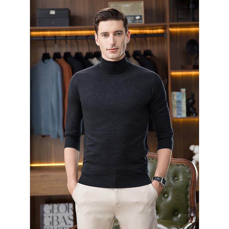 Men's High Neck Wool Sweater - Light Luxury, Solid Color, Brushed Fleece, Autumn/Winter Casual Knit