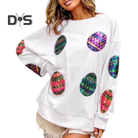 

Женские топы с круглым вырезом, длинным рукавом, свободная футболка, блестящие пайетки, пасхальные яйца, декор, эластичная футболка S белый