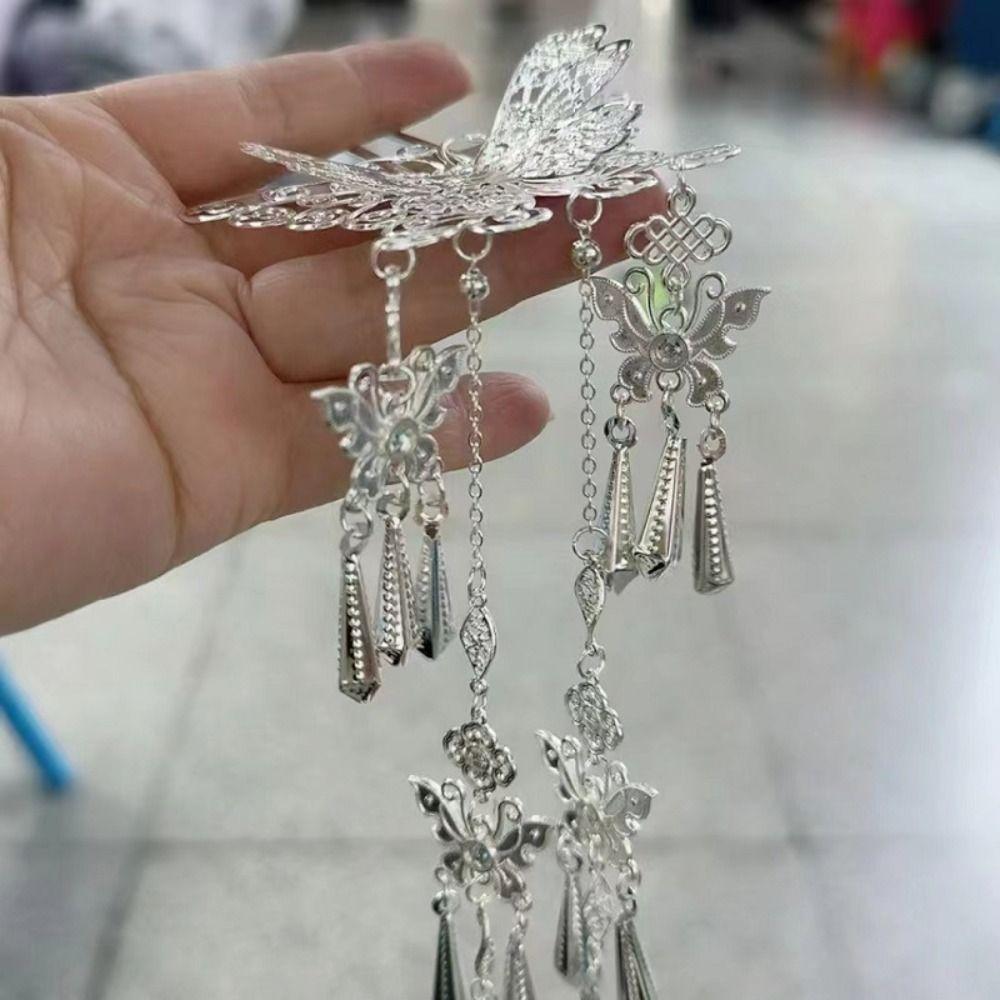 Silver Butterfly Tassel Hairpin Ancient Hanfu Hair Sticks Ethnic Style Headwear  Costume Headdress