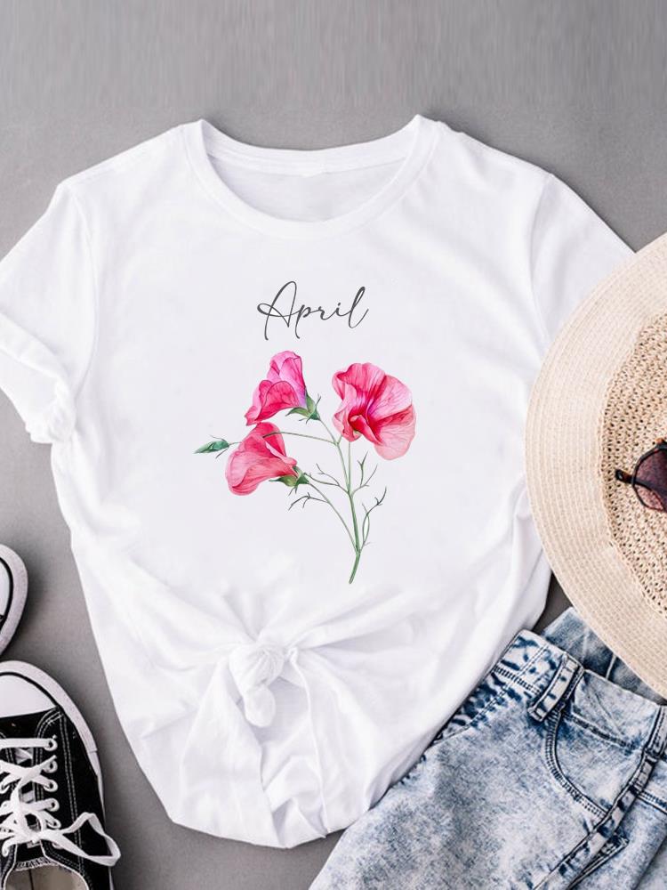 (Asian Size) Lovely Flower Trend Cute Women's Top Fashion T Clothing Print Female Casual  Short Sleeve T-shirts Graphic Tee