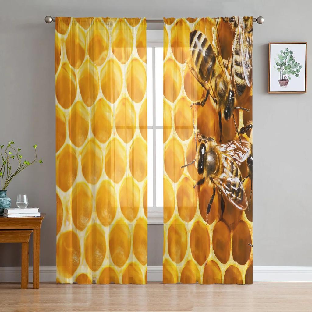 Modern Bee Azalea Retro Flower Tulle Curtains Living Room Bedroom Decoration Chiffon Voile Kitchen Window Curtain With Sheer Polyester Perfect For