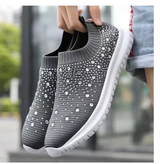 10 Colors Fashion Rhinestone Casual And Breathable Shoes Elastic Socks Shoes Rhinestone Flying Woven Women'S Shoes Super Comfortable Shoes