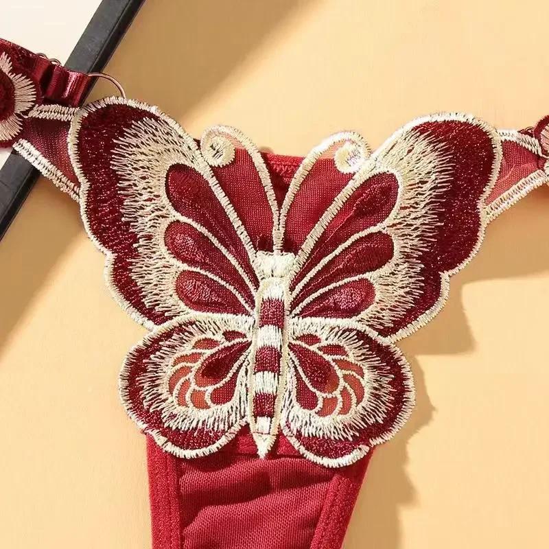European Exquisite Butterfly Embroidered Thong Sweet Flower Perspective Lingerie Women Sexy Adjustable Briefs