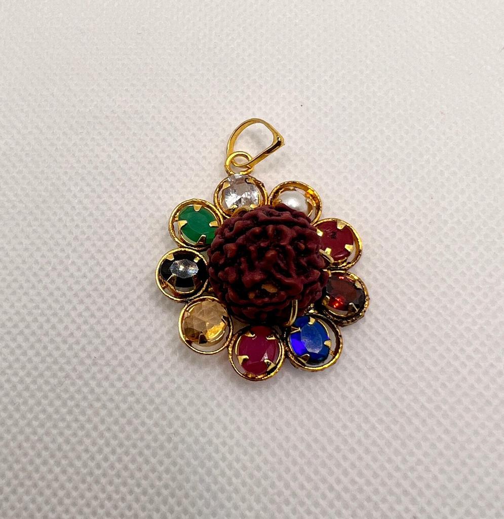 Rudraksha Navratna Locket with Nine Gemstones, Spiritual Power Necklace Pendant, Perfect for Meditation & Healing, Perfect for Everyday Wear