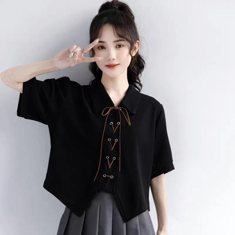 Apricot Short-sleeved Shirt for Women with Straps for Women In Summer New Waffle Shirt Polo Collar Short Top