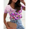 Summer Women's New Casual, Simple and Versatile Color 3D Printed V-neck Short Sleeved T-shirt
