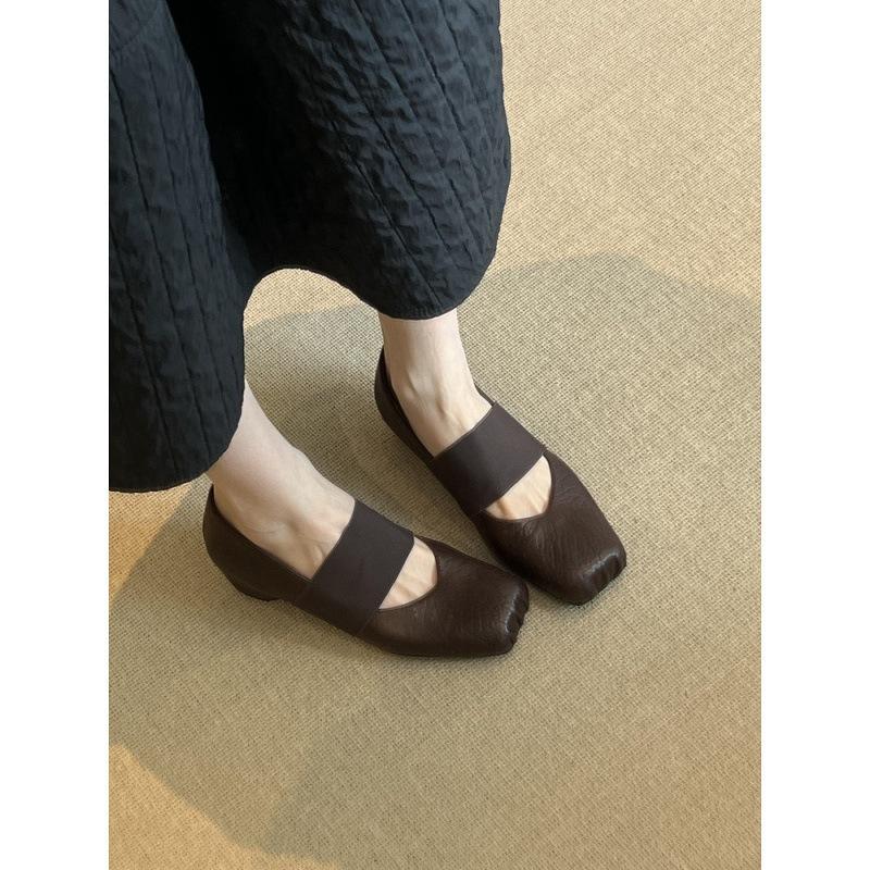 Sheepskin Version~ Leather Square Head Elastic Band Mary Jane Shoes Women's 2025 New Fashionable Versatile Shallow Mouth Flat-soled Single Shoes