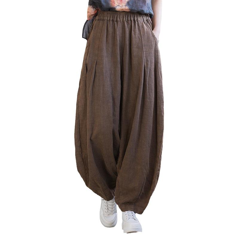 Ramie Distressed Cotton-Linen Women's Retro Lantern Pants