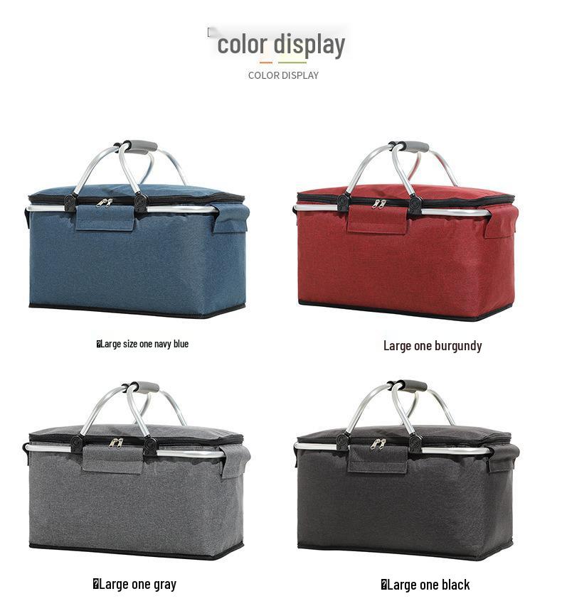 Insulated Oxford Cloth Folding Picnic Basket with Wheels, Multifunctional Outdoor Ice Bag & Thickened Aluminum Foil Liner